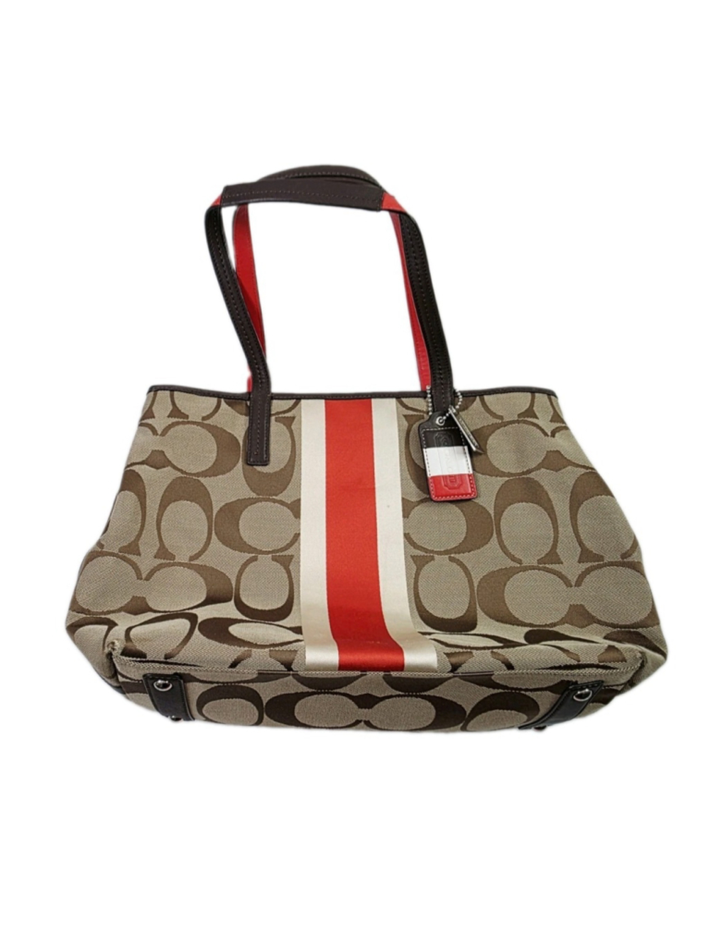 COACH #19999 Hamptons Khaki Red Signature Stripe Shoulder Tote Bag